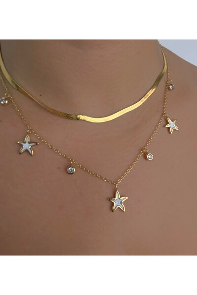 Furtek Aksesuar Starfish Pendant Multi-Layered Stainless Steel Tarnish-Resistant Necklace Combination Set Italian Chain Pearl Gold Plated