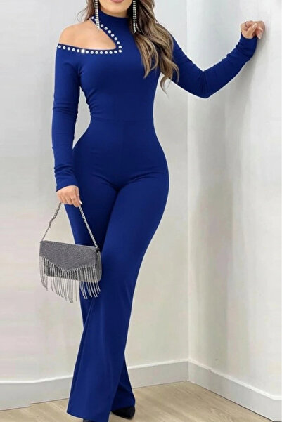 Butik Women's One-Shoulder Open Turtleneck Stone Detailed Long Imported Crepe Jumpsuit