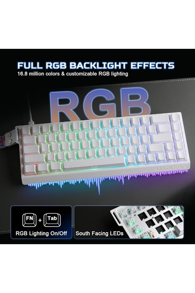 Madlions لوحة مفاتيح ميكانيكية Mad68 HE RGB بمفاتيح مغناطيسية قابلة للتبديل السريع 8000 هرتز 0.02 مم FPS لوحة مفاتيح ألعاب بيضاء