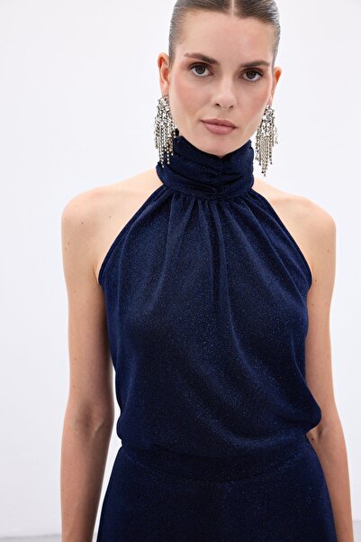 Sateen Sleeveless Shiny Blouse - Navy Blue