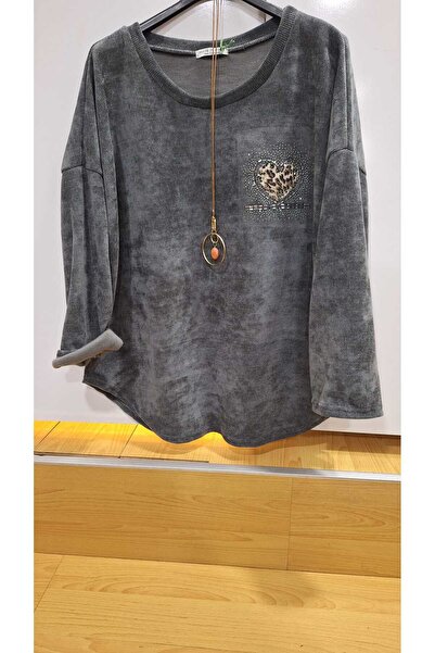 NUR TEKSTİL kadın gri italyan kadife taş işlemeli uzuın kol salaş bluz 38/ 50 edene kadar uyumlu yanları oymalı