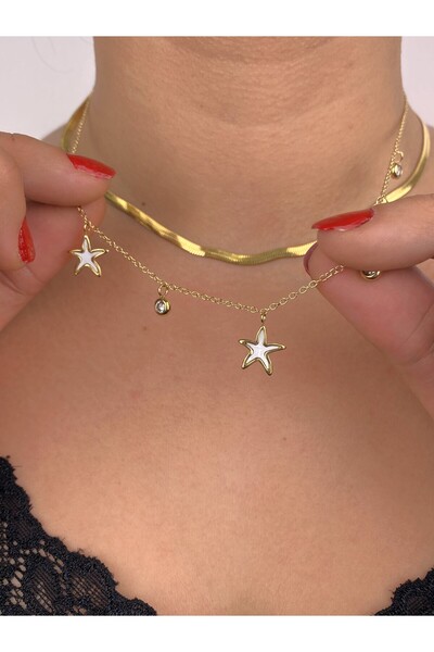 Furtek Aksesuar Starfish Pendant Multi-Layered Stainless Steel Tarnish-Resistant Necklace Combination Set Italian Chain Pearl Gold Plated