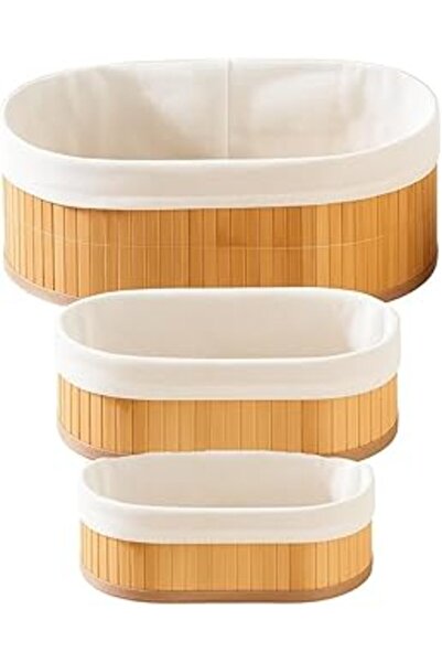 Tuncel Store مجموعة سلال من الخيزران مكونة من 3 قطع - بطانة قطنية قابلة للإزا...