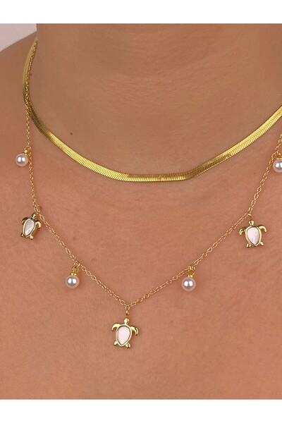 Furtek Aksesuar Karetta Turtle Pendant Multi Steel Non-Tarnish Necklace Combination Set Italian Chain Gold Plated