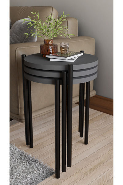 alpaevmobilya 3'lü Yuvarlak Zigon Sehpa Seti | Metal Ayaklı Salon Oturma Odası Yan Sehpa - Kahve Sehpası