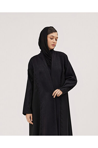SOROSE SA عباية كتان نص كلوش سوداء بتدخيلة كحلية وتطريز هاري