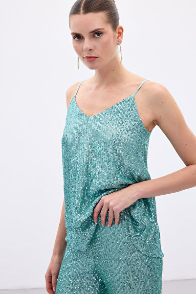 Sateen Sequin Detailed Strap Blouse - Mint