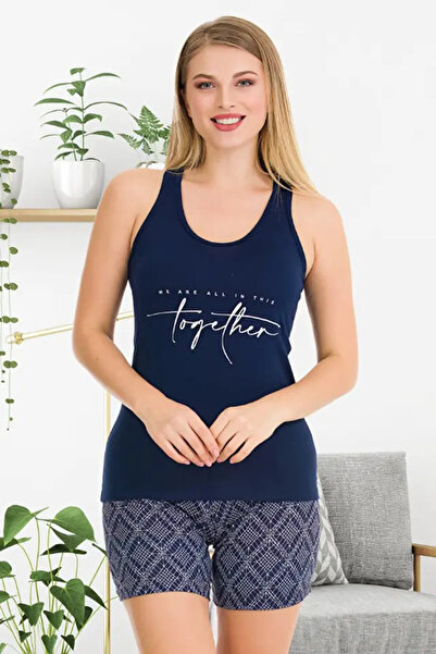 aynora Women's Navy Blue Baklava Patterned Shorts Pajama Set