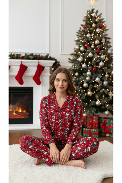 rindahomewear Women's Christmas Themed Patterned Soft Textured Suede Knitted Pajama Set
