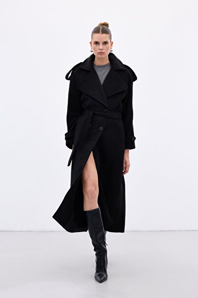 Sateen Palton lung cu guler lat - negru