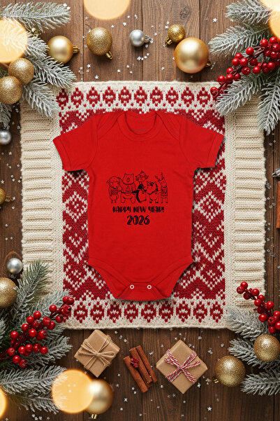 Messido New Year Themed Printed Red Baby Bodysuit (100% Cotton)