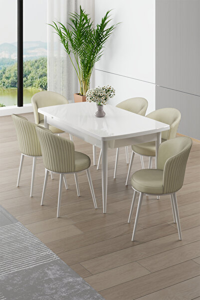 Canisa Asfel Serisi MDF 77x130 Beyaz Yandan Açılabilir Mutfak Masası Takımı 6...