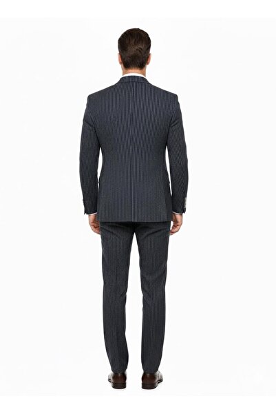 Plus Scorpion Italian Cut Navy Blue K Double-Breasted Suit – Modern S Slim Fit – Striped Fabric Detail