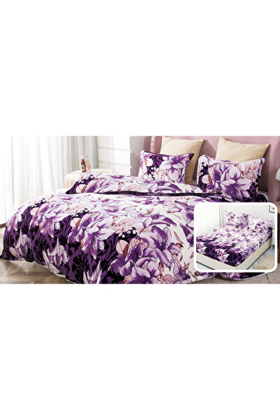 trendyhome Double Bed Linen with Elastic, Cocolino Fluffy Material, 4 Pieces, Flowers, Purple, i14029-Elastic