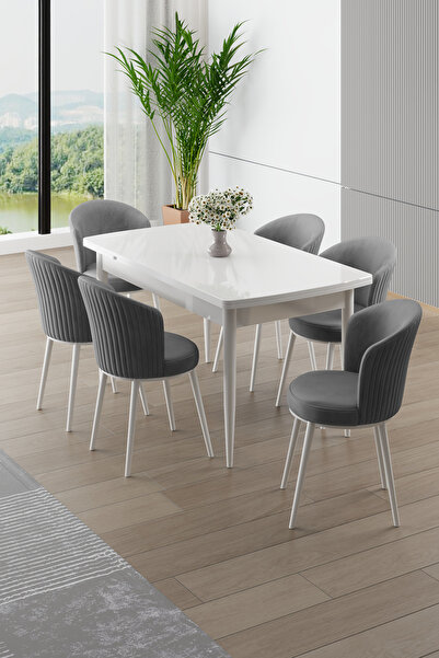 Canisa Asfel Serisi MDF 77x130 Beyaz Yandan Açılabilir Mutfak Masası Takımı 6...