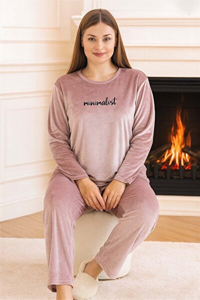 REMSA Σετ πιτζάμες από βελούδινο ύφασμα για γυναίκες μεγάλου μεγέθους 13213 πούδρα