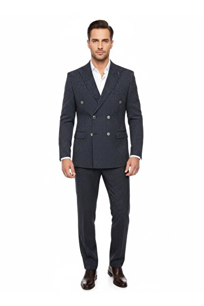 Plus Scorpion Italian Cut Navy Blue K Double-Breasted Suit – Modern S Slim Fit – Striped Fabric Detail
