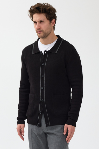 Frappoli Loix Men's Black Cotton Blend Thessaloniki Knitted Cardigan with Pocket Pockets