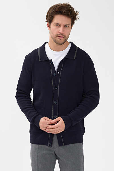 Frappoli Loix Men's Navy Blue Cotton Blend Thessaloniki Knitted Cardigan with Pocket Pockets