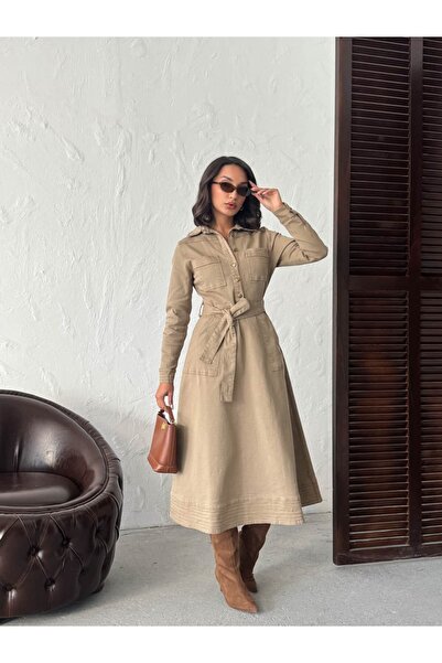 Miss Prova Μακρύ τζιν φόρεμα με λεπτομέρεια τσέπης με κουμπιά και ζώνη MISSELB942