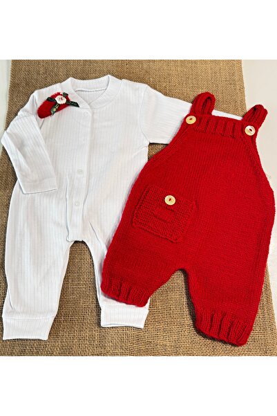 VitVit0716 0-6 ay / El örgüsü kırmızı tulum ile iç tulum, babet çorap ve tokadan oluşan hediye seti