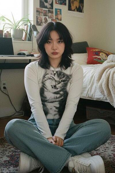 ARS Butik White Baby Cat Gothic Y2K Long Sleeve Crop Bodysuit