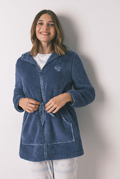 Women'secret رداء متوسط الطول بغطاء رأس من الصوف من لوركس باللون الأزرق