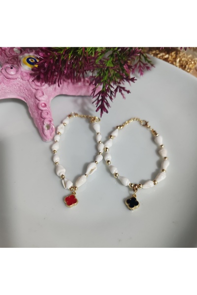 elbi bijuteri Double Seashell Bracelet with Clover Theme
