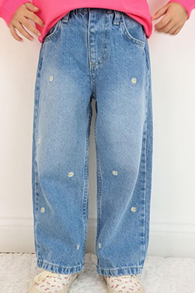 Breeze Girl's Jean Pants with Daisy Embroidery and Buttons, Ages 1.5-5, Light Blue