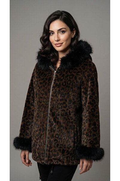 FATOSH KUTO GERÇEK KÜRK GÖRÜNÜMLÜ LEOPAR DESENLİ KAPÜŞONLU PREMİUM KABAN