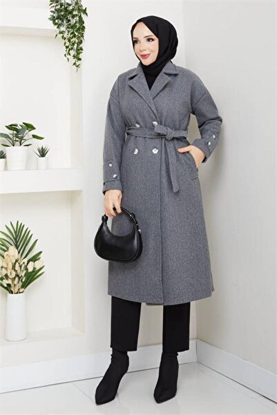 Neşeli Butik Women's Anthracite Belted Button Detailed Unlined Cashmere Coat Nbft001