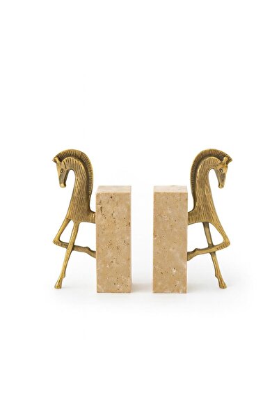 Modestmar Travertine Stone and Brass Horse Figurine Bookend