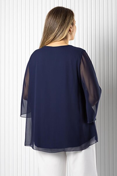 SUBU TASARIM Chiffon Collar Detailed Blouse Navy Blue Tbs970