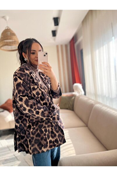HEY4 Kadın Leopar Desenli Saten Blazer Ceket