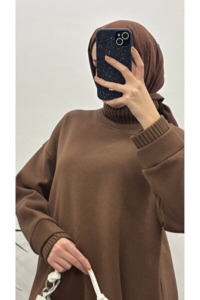 Suede Style 5318 - Comfortable, Loose Sleeve Collar Knitwear Detailed Women's Sweatshirt