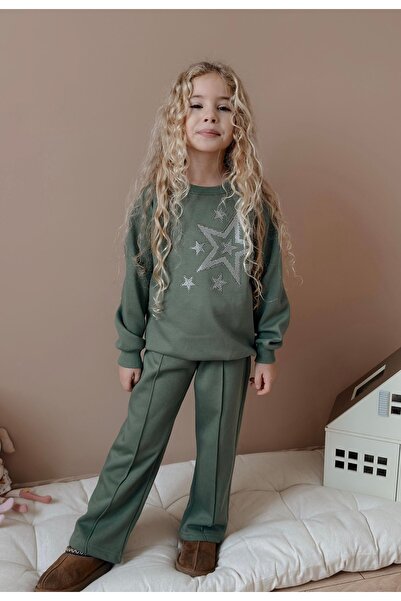 Patriko New Season Stylish Star-Detail Green-Pink Fleece Inside Top and Bottom Set for Girls