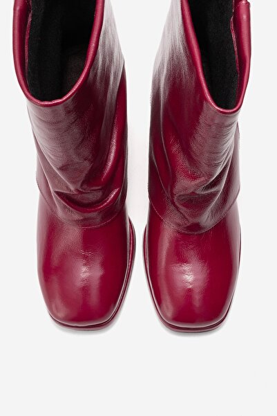 LuviShoes Lore Burgundy Wrinkled Patent Leather Genuine Leather Buckle Women's Heeled Boots