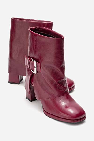 LuviShoes Lore Burgundy Wrinkled Patent Leather Genuine Leather Buckle Women's Heeled Boots