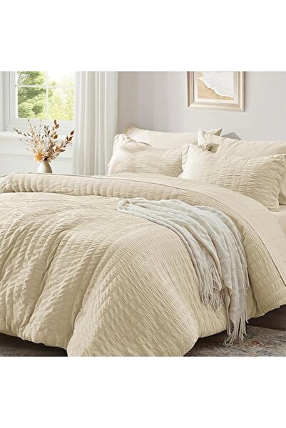 Luofanfei Seersucker Bedding Set 135x200 + 80x80 cm, Microfiber, Reversible, Beige/Khaki