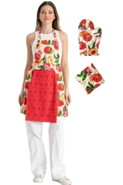 Yıldızan مريلة مطبخ من تري_ إينوتكس مع منشفة وقفاز فرن وحامل أحمر _يولي 1162043