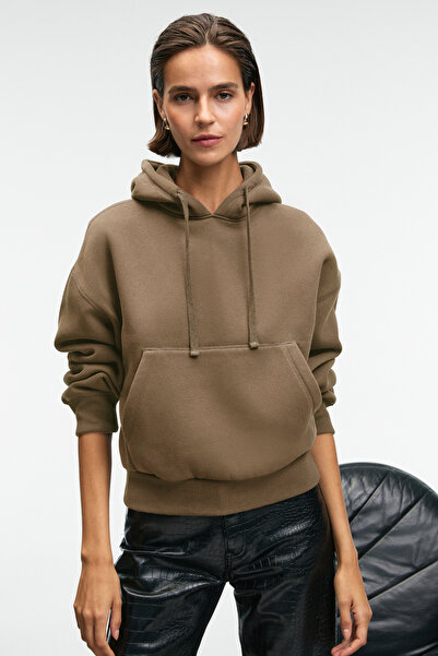 GRIMELANGE Selene Women's Hooded Kangru Pocket Regular Fit Mink Sweatshirt