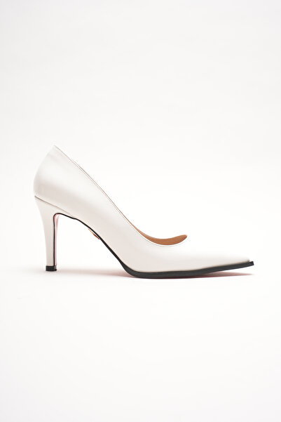 Lizzu White Patent Leather Pointed Toe Stiletto Red Sole Heeled Shoes Stylish Evening Dress Classic Daily Wear