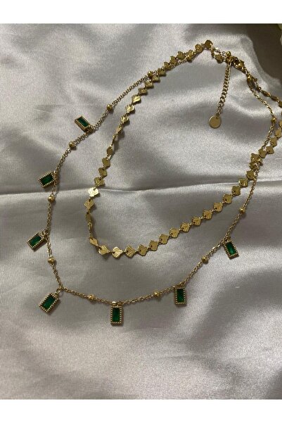 stainles steel yeşil taşlı ikili kolye