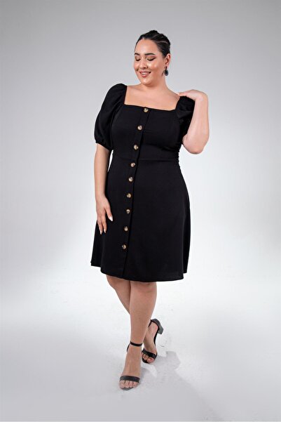 Roxxlen Rochie de damă cu nasturi în față, mărime mare, neagră