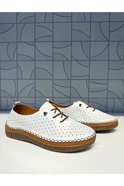 Anıl Ayakkabı Napa 8208 Pantofi sport casual pentru femei, alb, din piele naturală, cu detaliu de șireturi din cauciuc