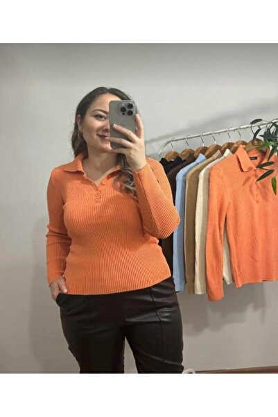 hedef giyim Women's Peanut Green Polo Collar Ribbed Knitwear Sweater