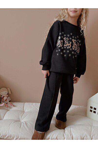 Patriko Girl's Black Color New Season Deer Stone Detail Fleece Inside New Season Winter Stylish Bottom-Up Top Set