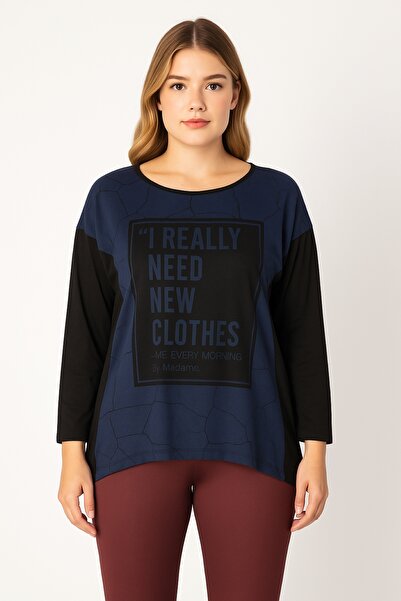 Şans Women's Plus Size Cobalt , Printed Two Color Blouse 65N39266