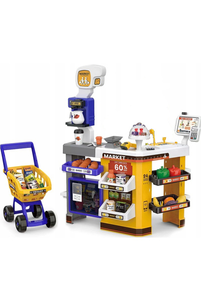 Matadi Yellow/Purple interactive supermarket set with trolley and 65 accessories included, refrigerator, grocery store