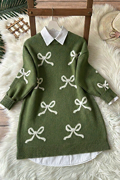 MODAQU Bow Pattern Soft Sweater Tunic - Khaki